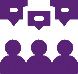 3 purple figures next to each other with a speech bubbles above each