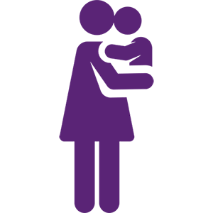 A purple figure of a woman holding her baby 