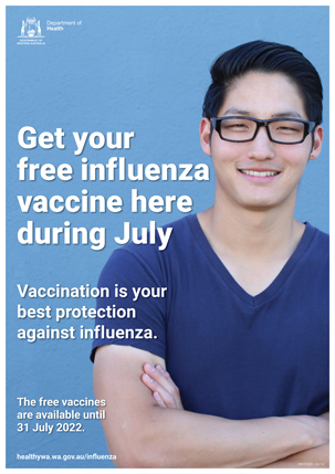 Get your free influenza vaccine here during June poster (light blue)