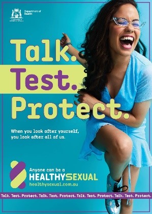 Talk Test Protect poster girl in dress