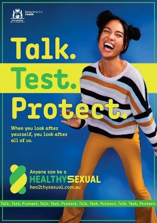 Talk Test Protect poster girl laughing