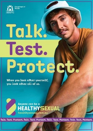Talk Test Protect poster man in bucket hat