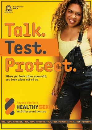 Talk Test Protect poster girl in overalls