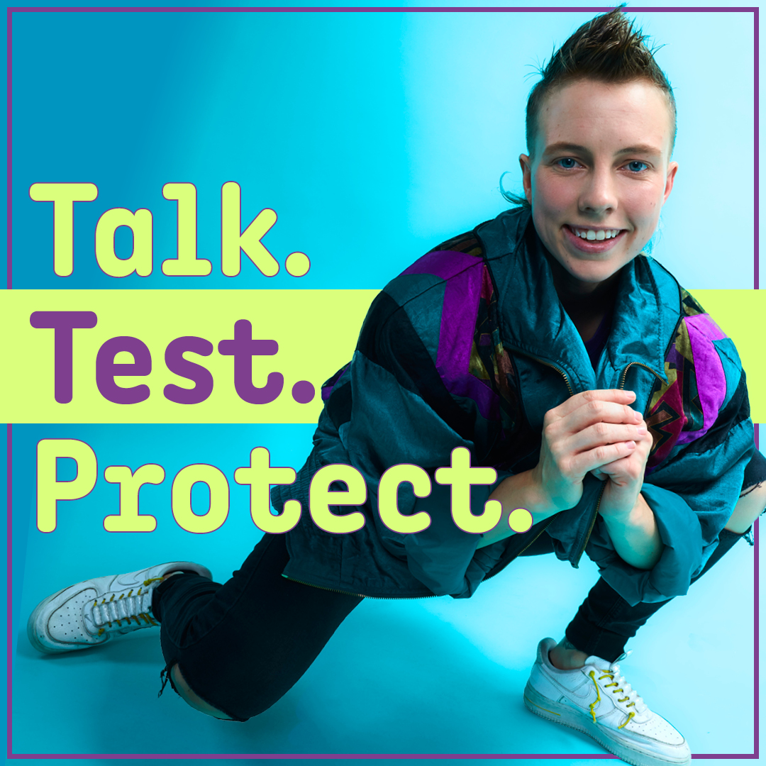 Text: Talk. Test. Protect. Image: Person crouching