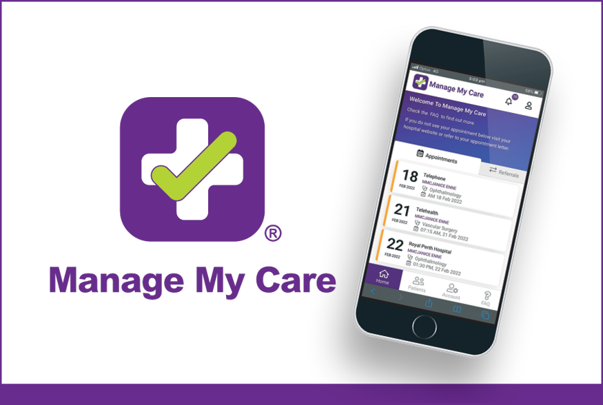 Manage My Care logo and app displaying on a phone