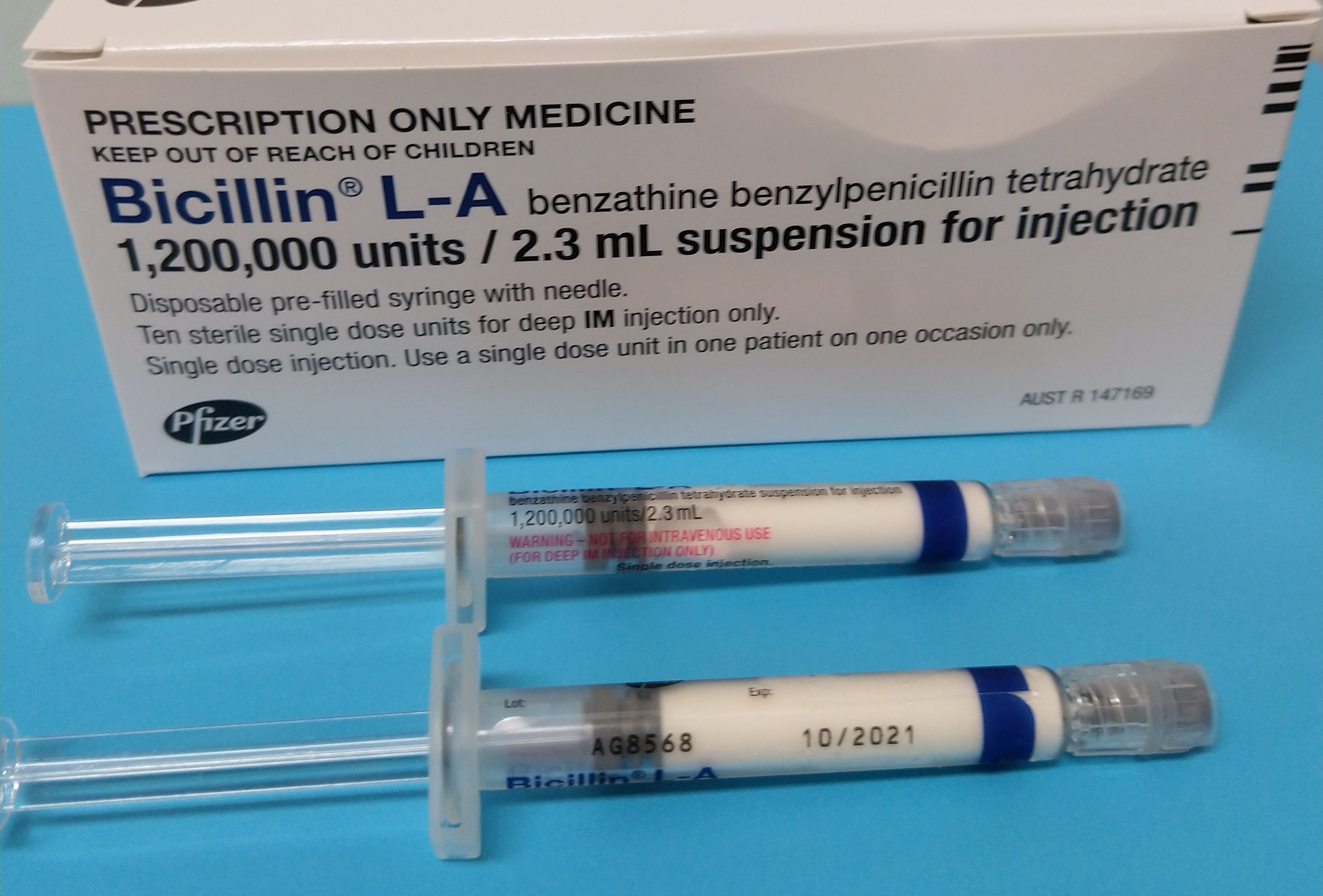 Bicillin box and 2 single dose syringes
