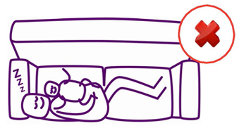 Line drawing of parent co-sleeping with their baby on a couch. There is a red cross in the top left corner of the image.